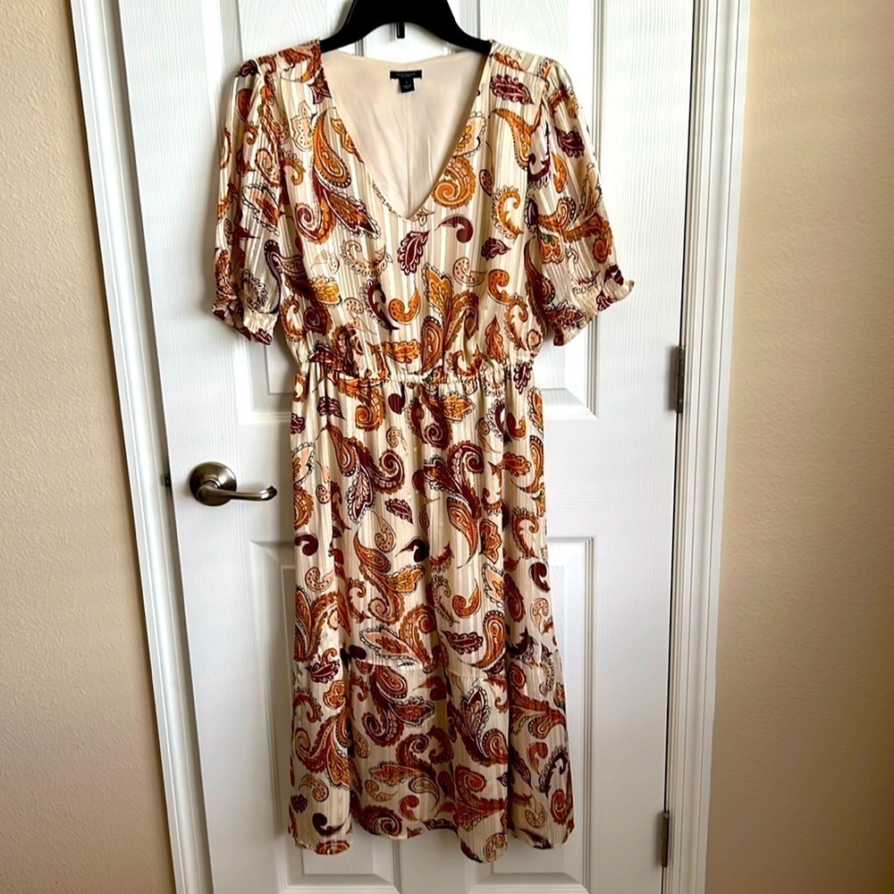 Ann Taylor Factory Paisley Midi Dress‎ V-Neck Short Sleeve Beige Size 4
